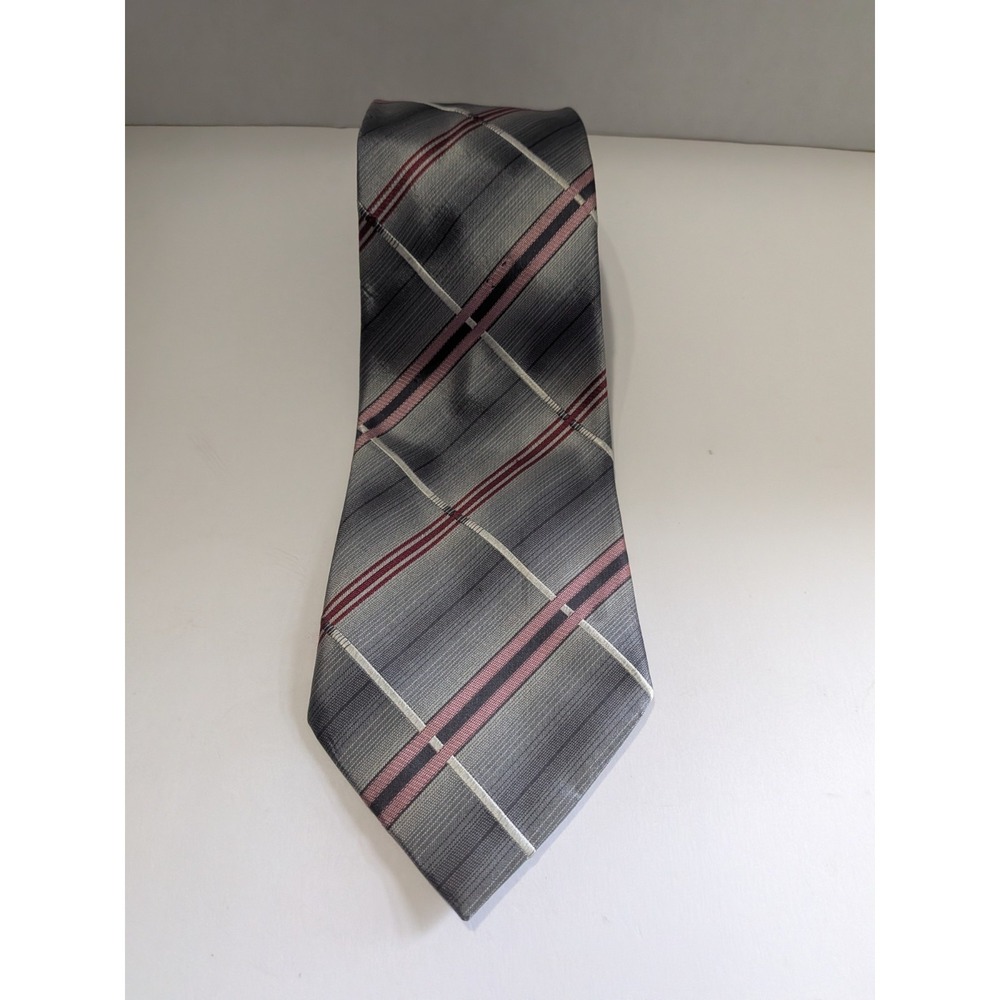 George Mens Silk Necktie Grey Burgundy White Plaid Striped Handmade Classic Tie